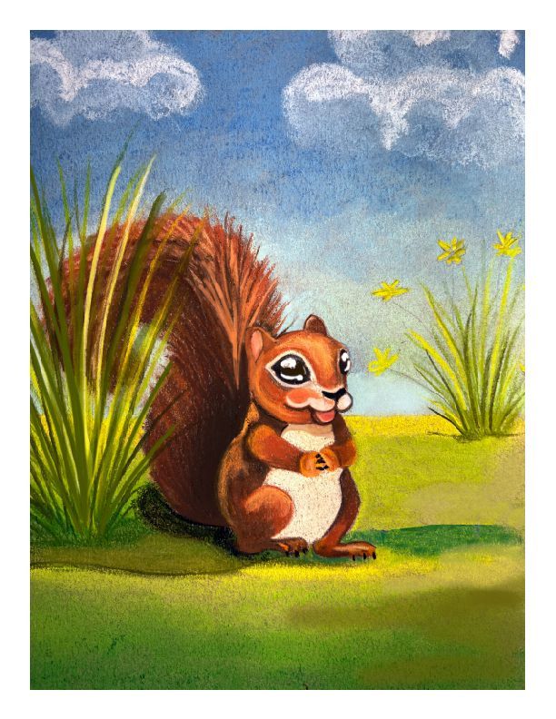 Picture Book Illustration: A squirrel is sitting in the grass with its tongue out.