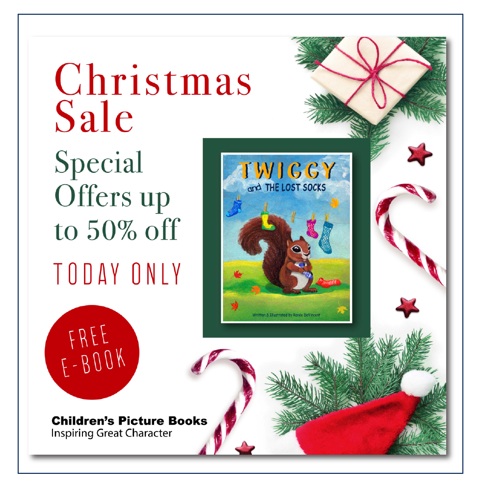 Christmas sale ad for children's books with a squirrel and holiday decorations. Offers up to 50% off and a free e-book.