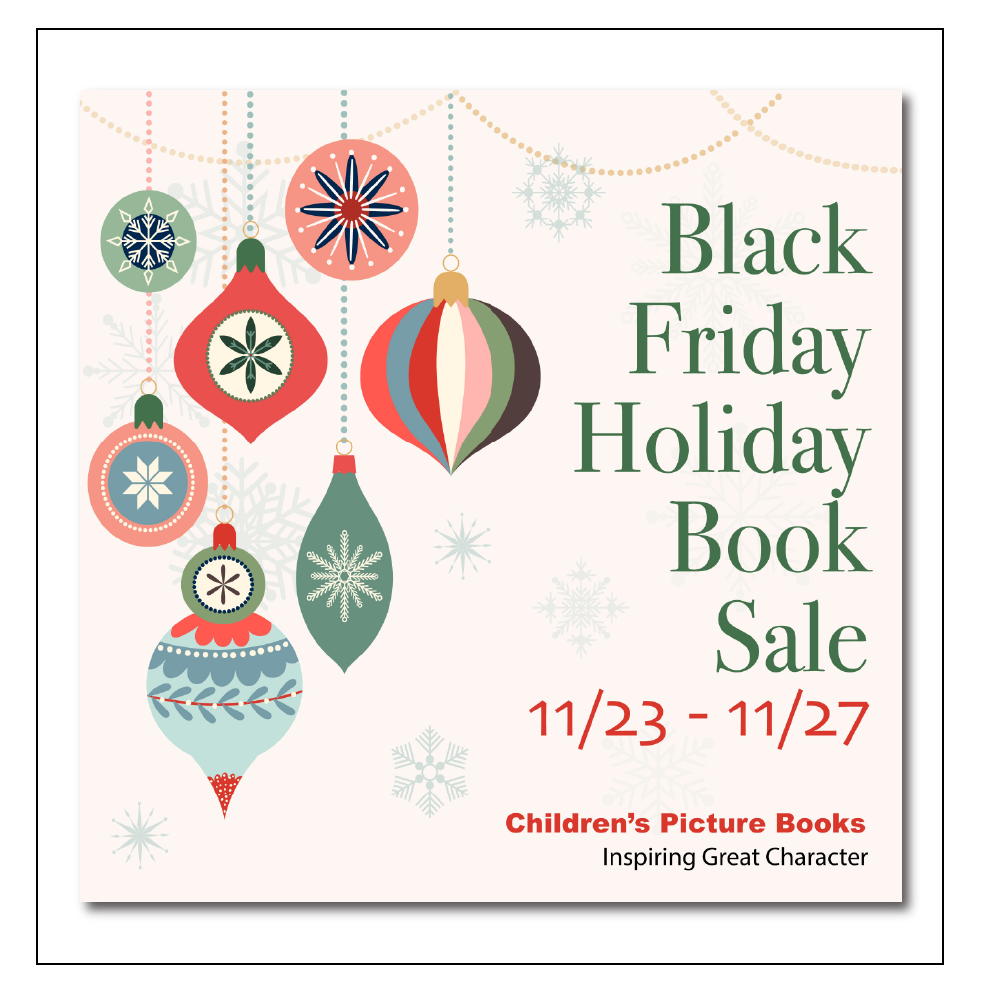 Black Friday holiday book sale graphic. Includes hanging ornaments and text: 