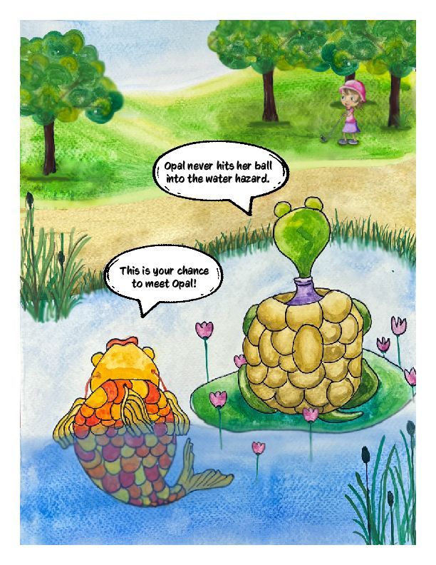 Graphic Novel Illustration-A cartoon of a fish talking to a frog in a pond