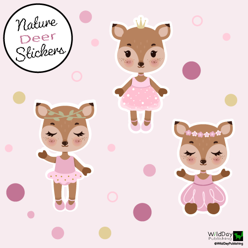 A set of nature deer stickers on a pink background