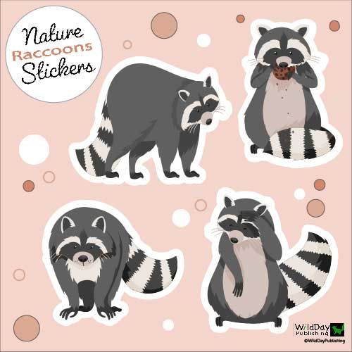Five raccoon stickers on a pink background. One raccoon is eating a cookie, while another covers its eyes. Others are in various poses.