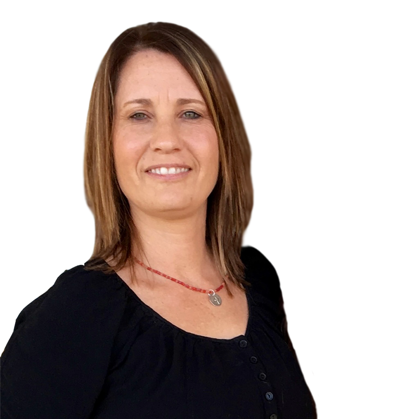 A woman wearing a black shirt and a red necklace smiles for the camera