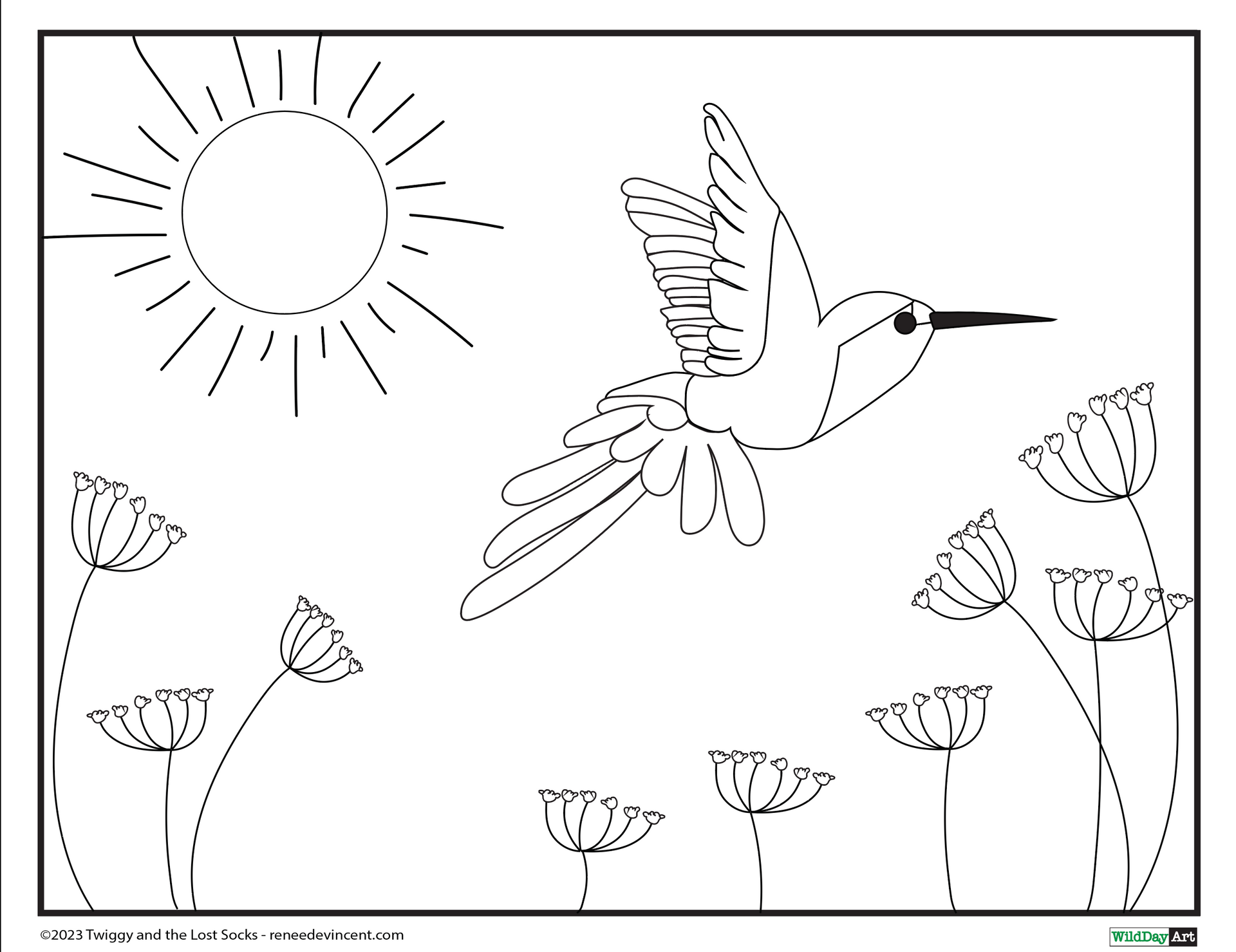 A black and white drawing of a hummingbird flying over flowers.