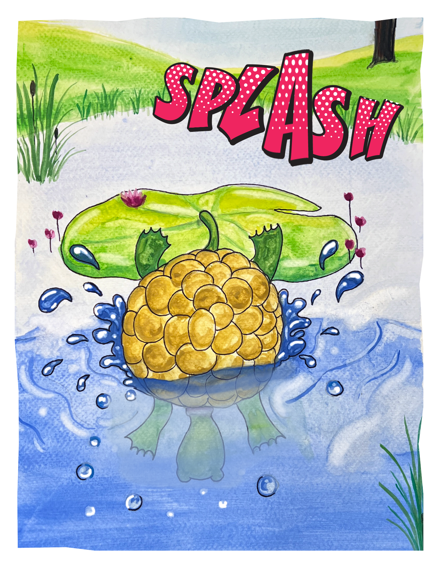 Graphic Novel Illustration-A painting of a turtle splashing in a pond