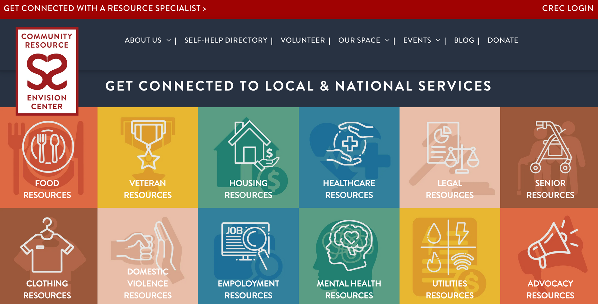 Website homepage showcasing icons for various community resources, including food, housing, healthcare, and employment.