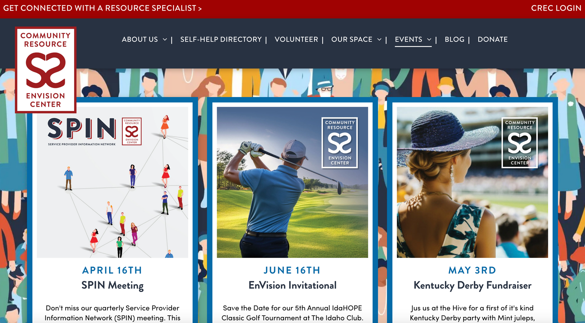 Website homepage showing upcoming events: SPIN meeting, golf outing, and Kentucky Derby fundraiser.