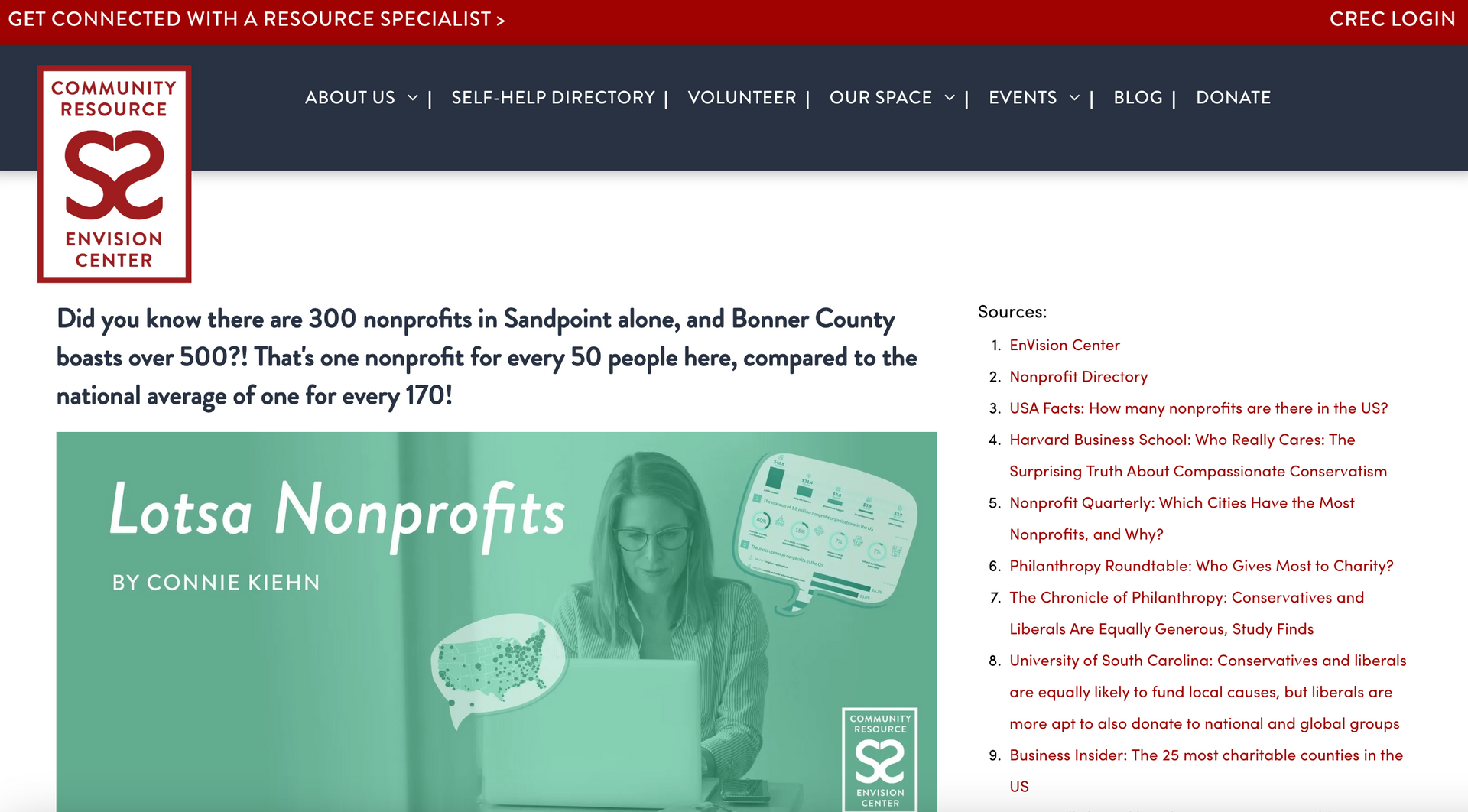Screenshot of Community Foundation website with a headline about nonprofits in a region.
