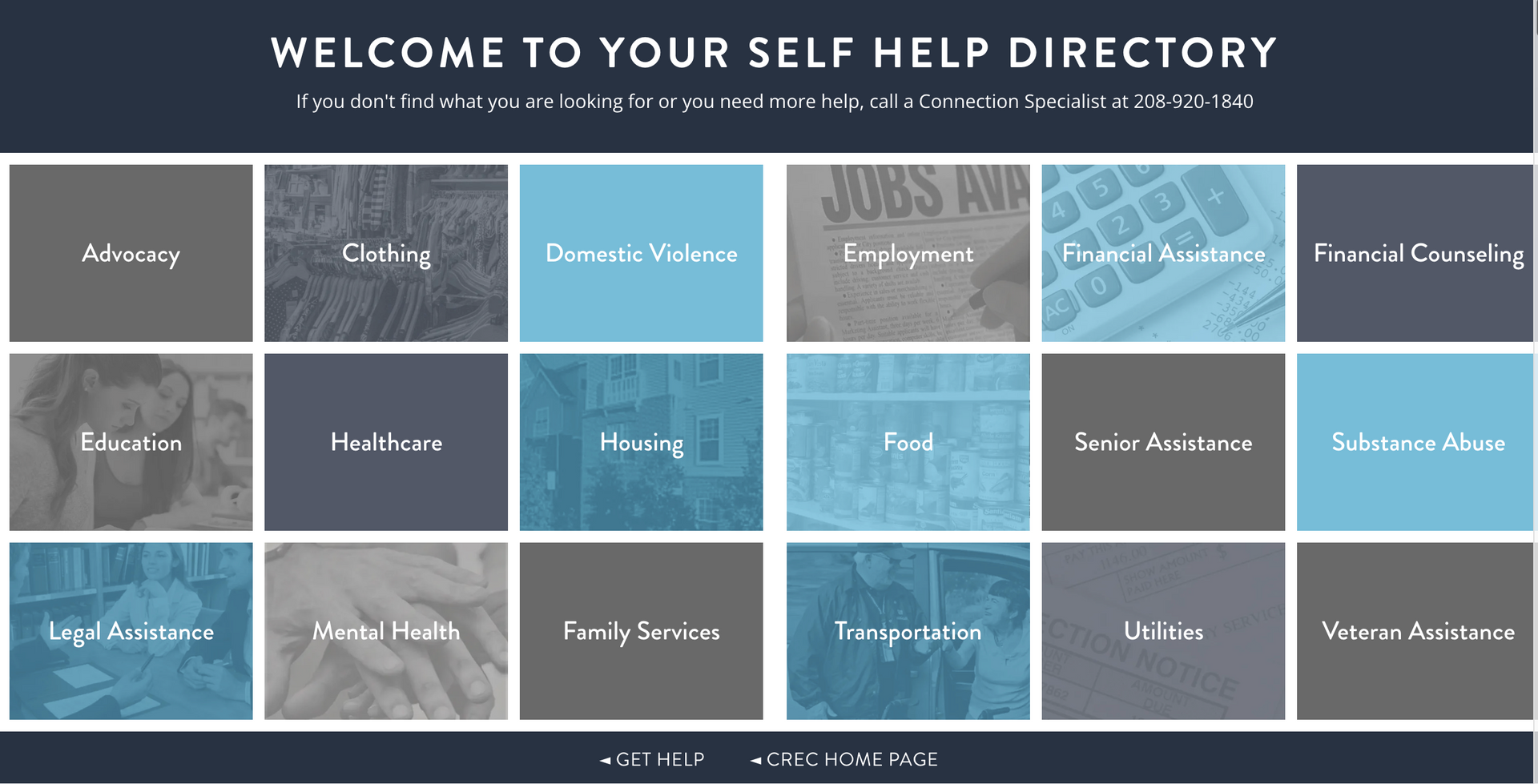 Self-help directory with categories like advocacy, clothing, domestic violence, and financial consulting.