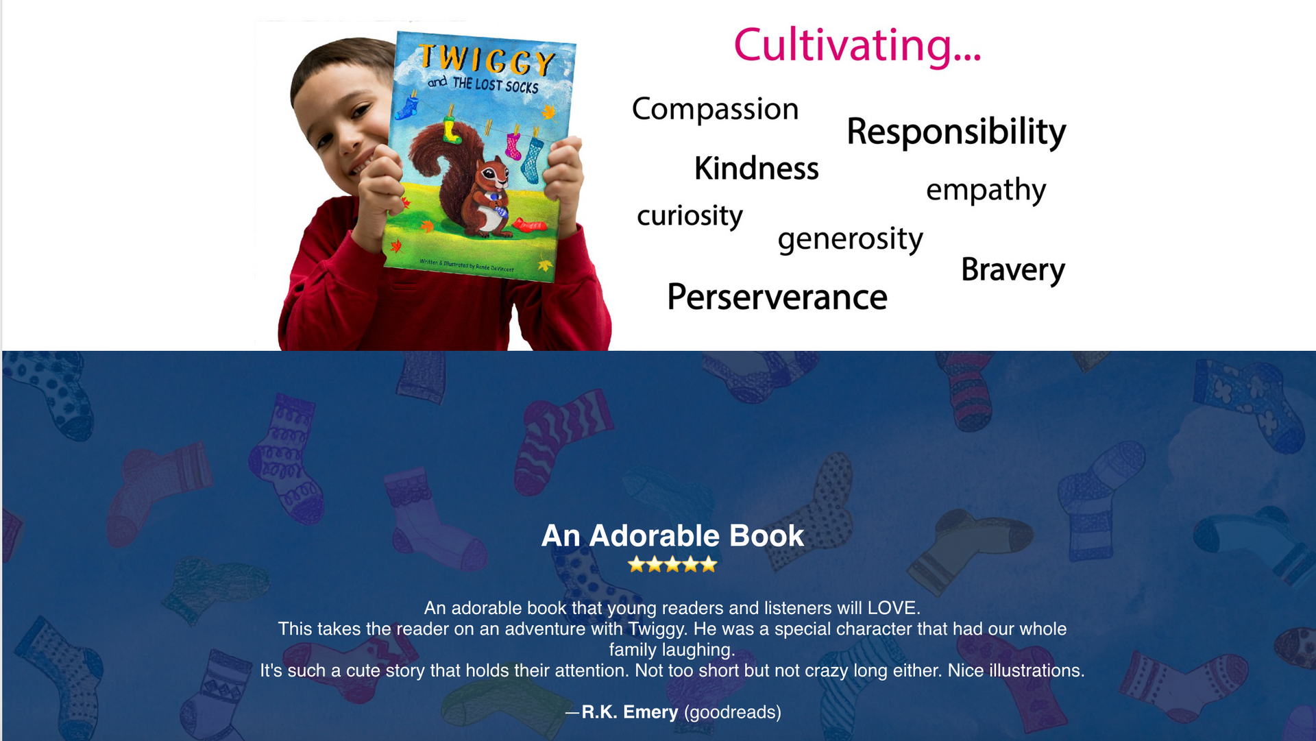 A young boy holding a book with a squirrel on the cover, promoting values like kindness and compassion.