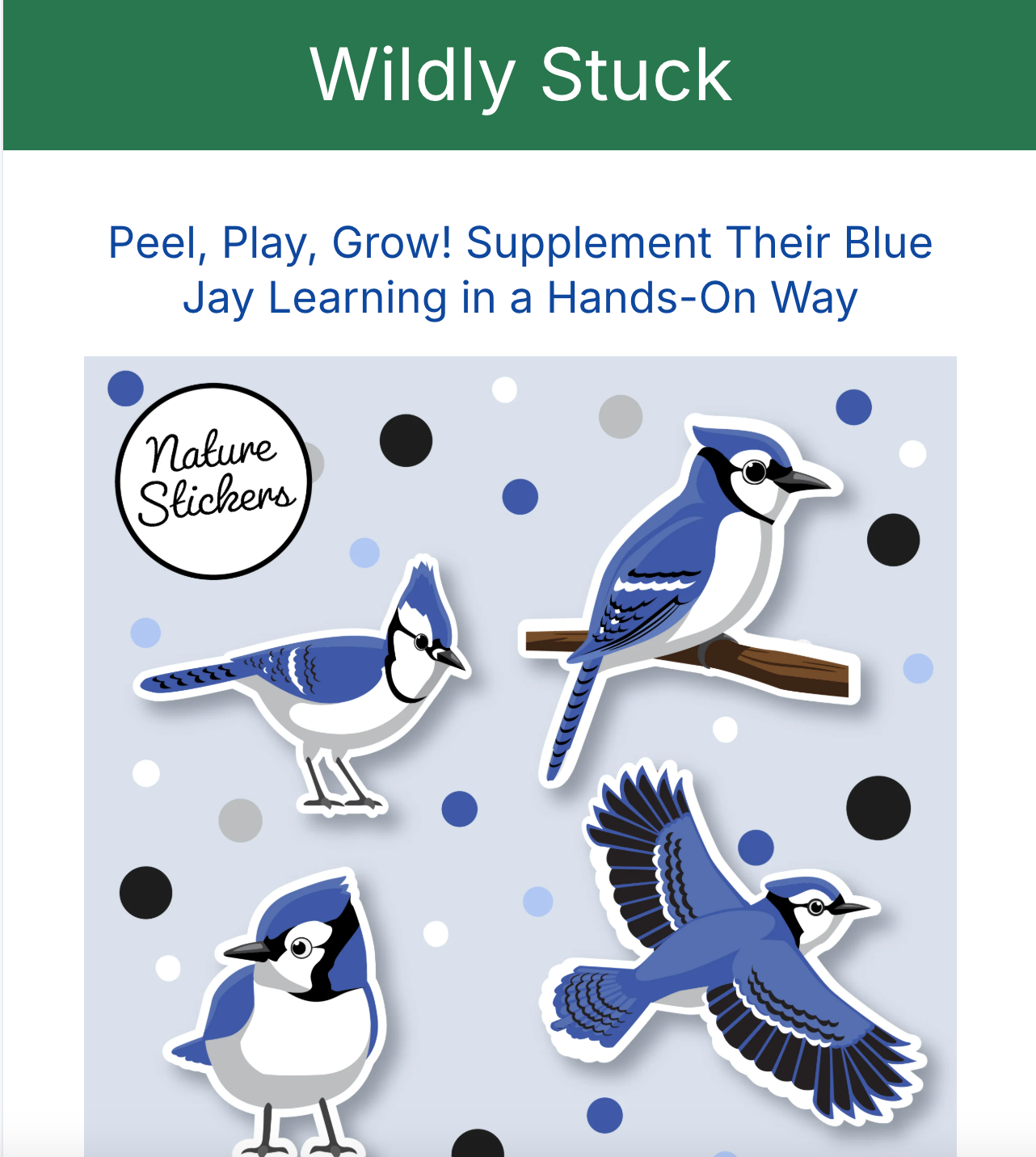 Blue jay stickers on a light blue background with text 