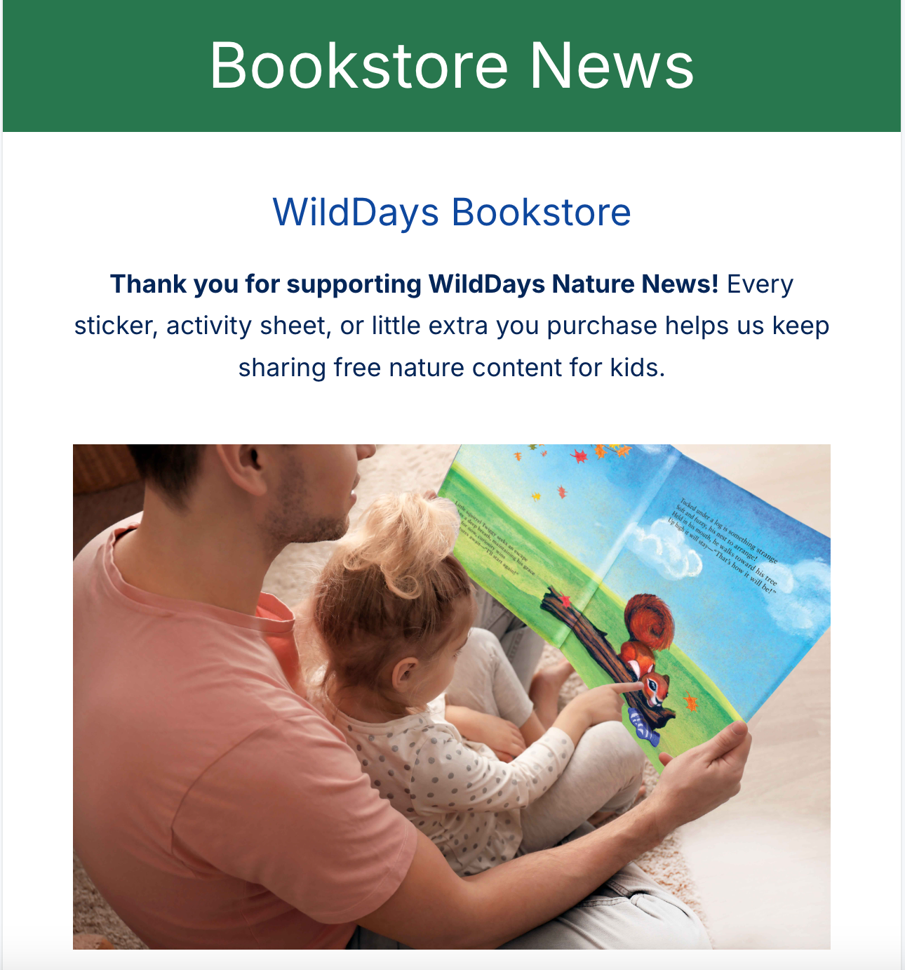 A person reads a nature book with a child. Bookstore news header promoting WildDays Nature News.