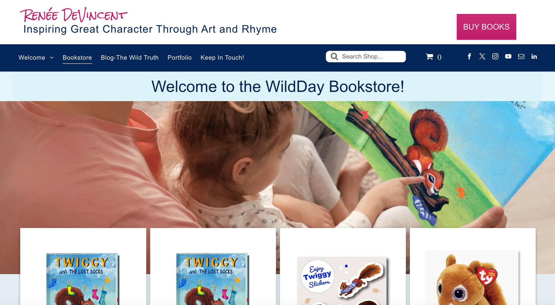 Website homepage featuring children's books and merchandise. A header with the brand name 