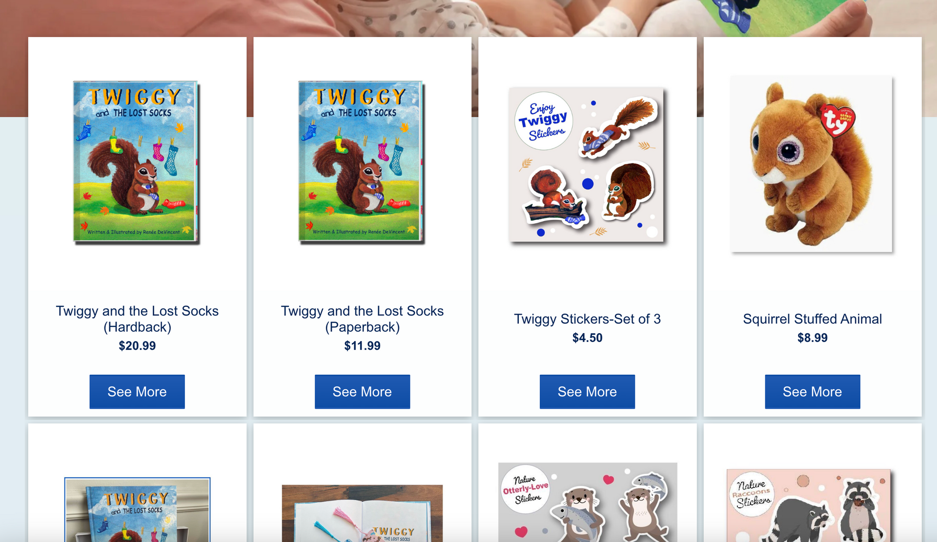 A grid of squirrel-themed merchandise: books, stickers, and a plush toy.