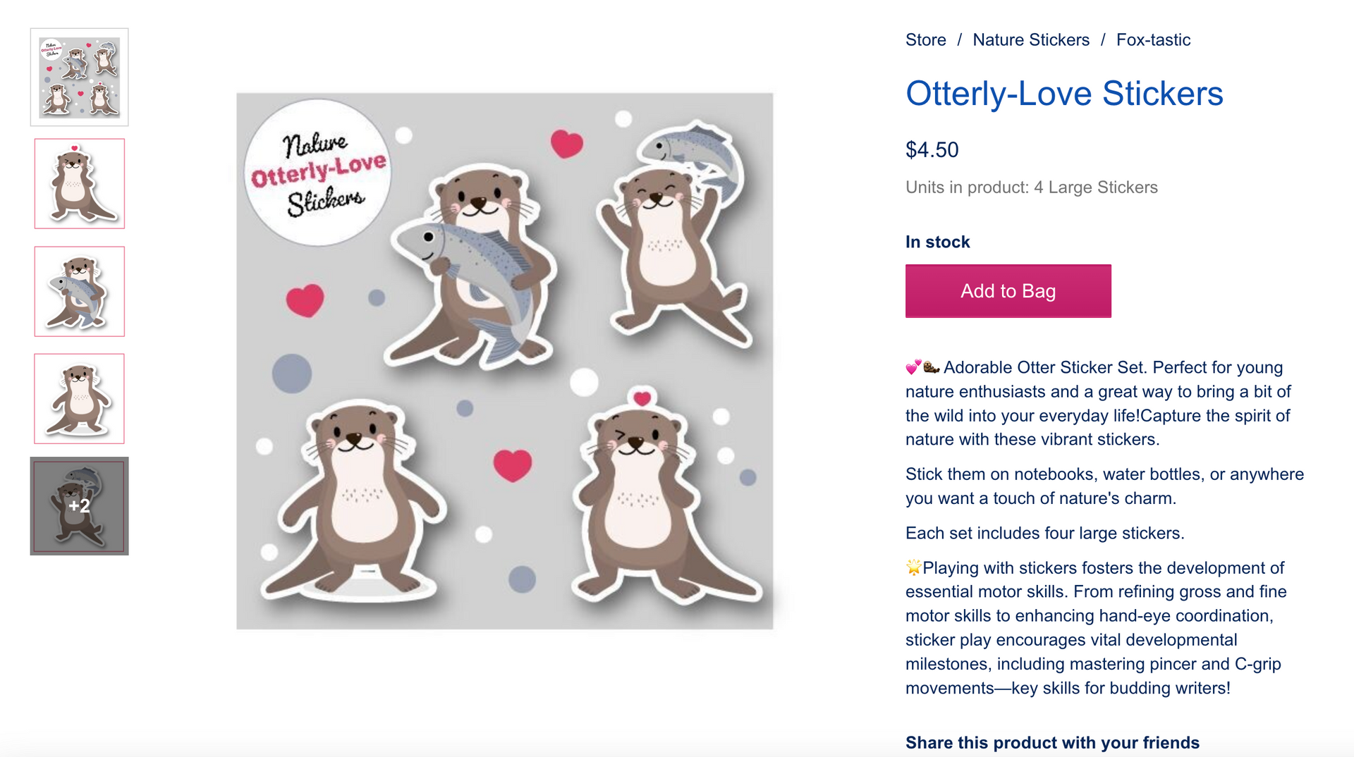 Otter-themed sticker sheet featuring cartoon otters with fish and hearts on a gray background.