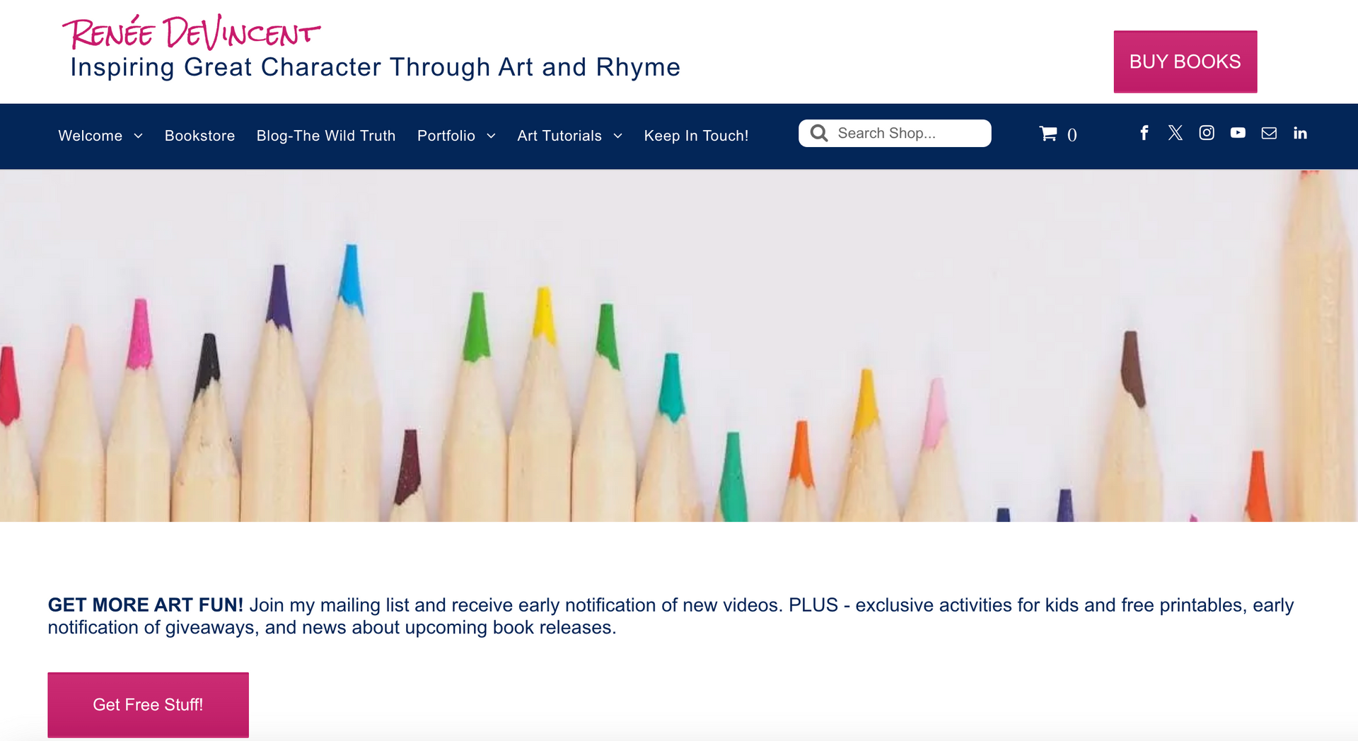 Website header with colored pencils, promoting character building through art and rhyme.