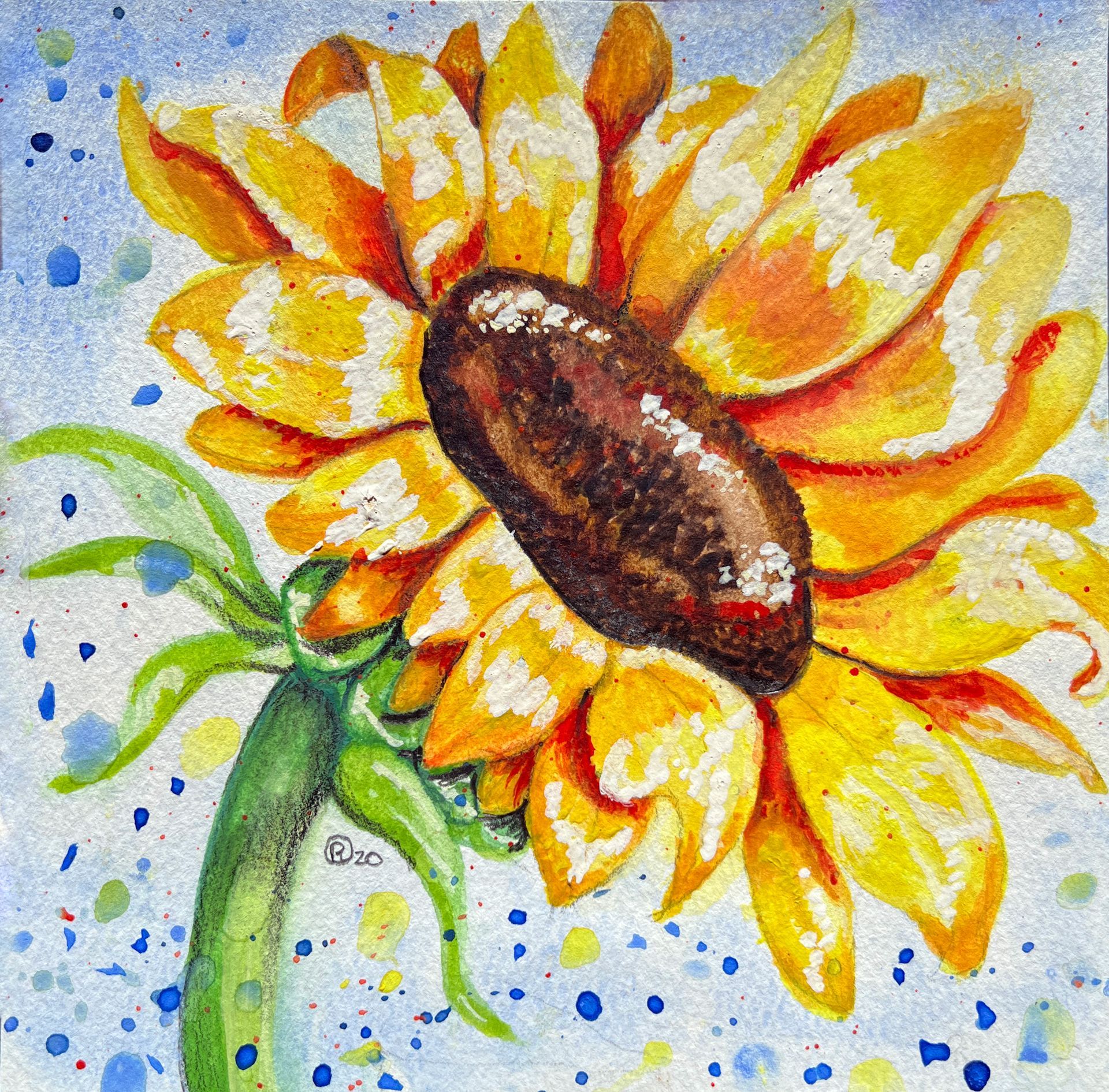 A watercolor painting of a sunflower with a green stem