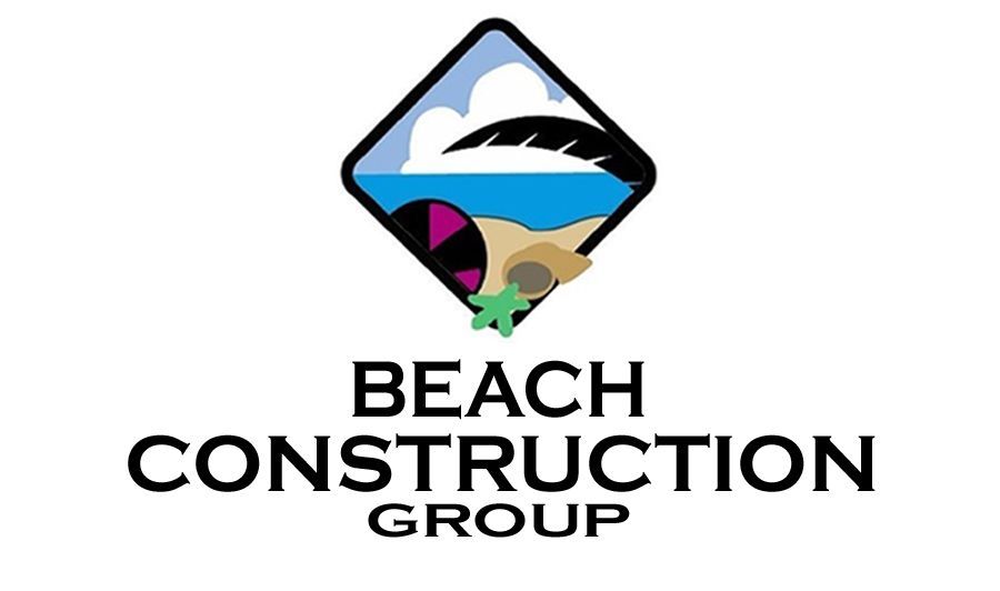 Logo for Beach Construction Group: diamond shape with beach scene, text 