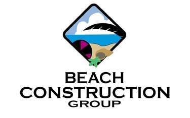 Logo for Beach Construction Group: diamond shape with beach scene; text