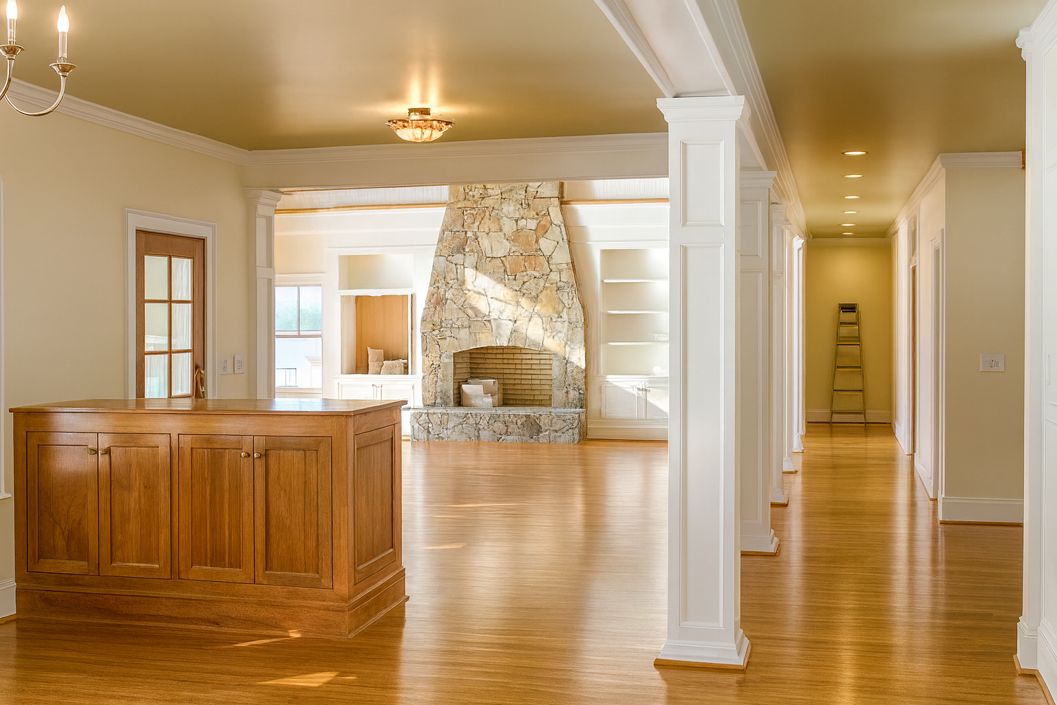 Spacious room with a wooden bar, stone fireplace, and polished wood floors. White columns and hall.