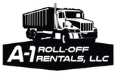 A-1 Roll-Off Rentals, LLC logo. Dump truck silhouette over a black angular shape with company name.