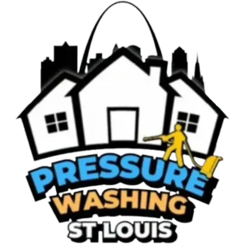 Logo for Pressure Washing St. Louis, featuring a house silhouette, the St. Louis Arch, and a figure using a power washer.