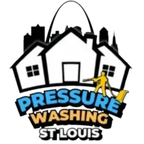 Logo for Pressure Washing St. Louis featuring the St. Louis Gateway Arch, a house outline, and a person pressure washing.