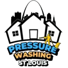 Logo for Pressure Washing St. Louis, featuring a house silhouette, the St. Louis Arch, and a figure using a power washer.