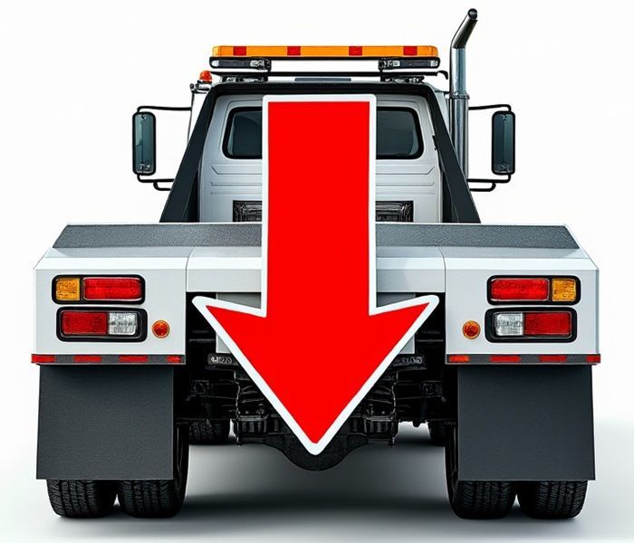 A tow truck with a red arrow pointing down