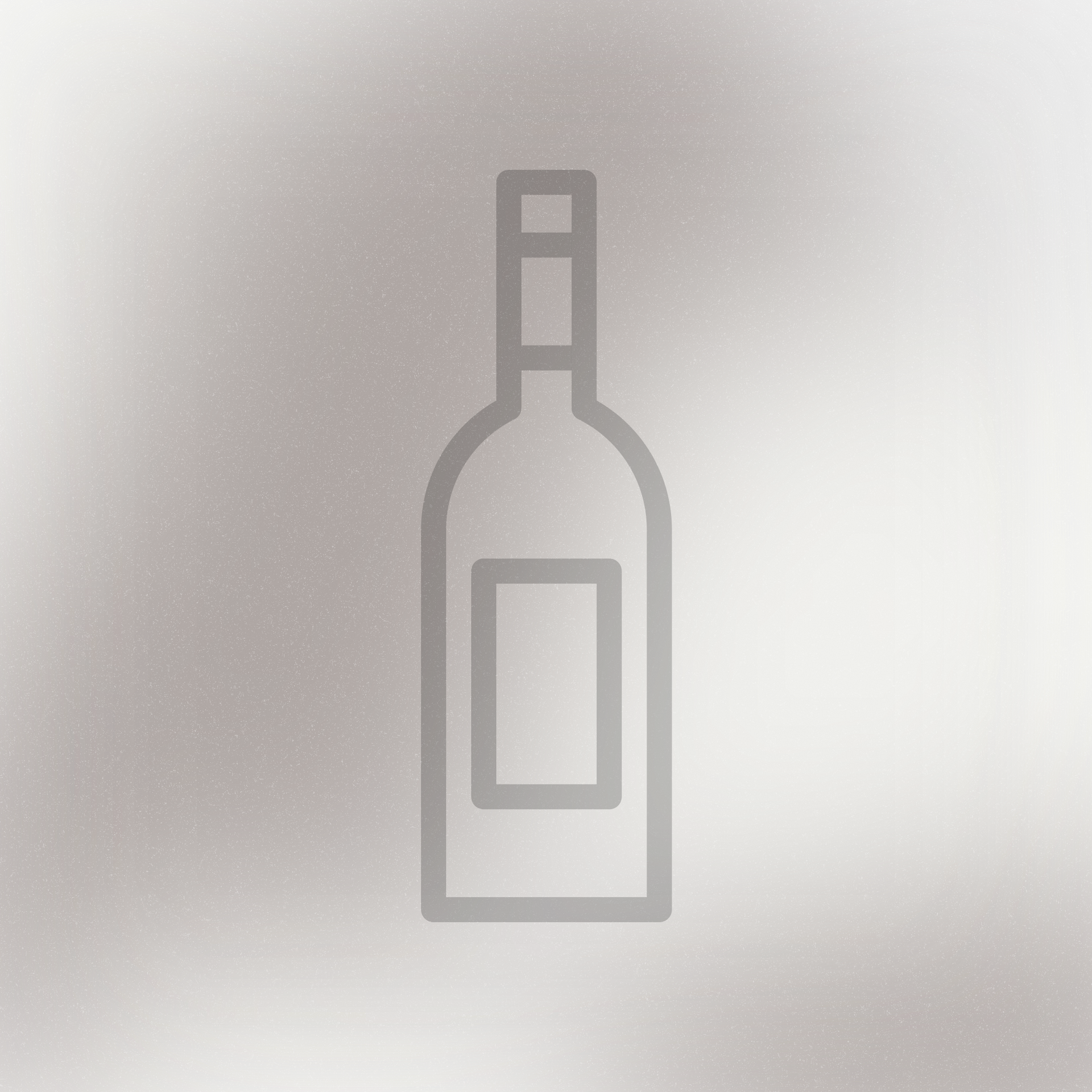 A bottle of wine with a square label on a gray background.