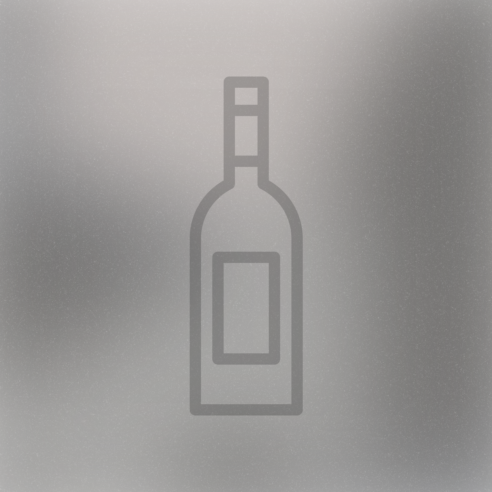 A bottle of wine with a square label on a gray background.