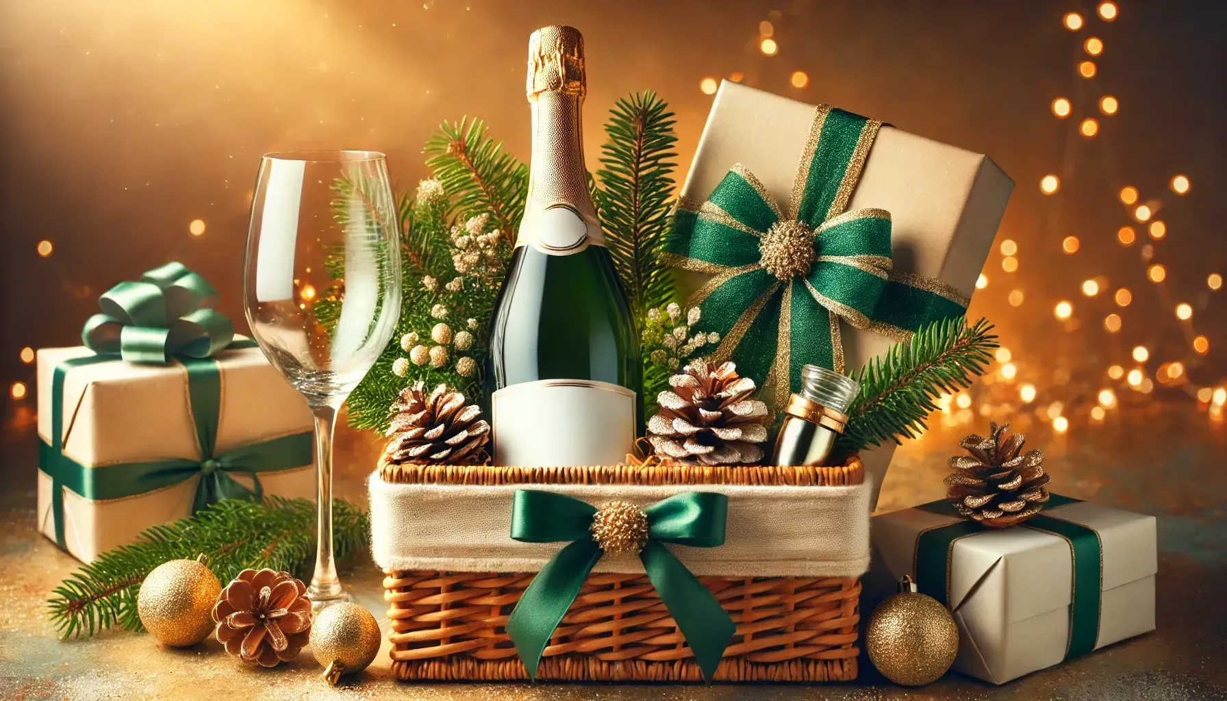 A christmas gift basket with a bottle of champagne , glasses , gifts and pine cones.