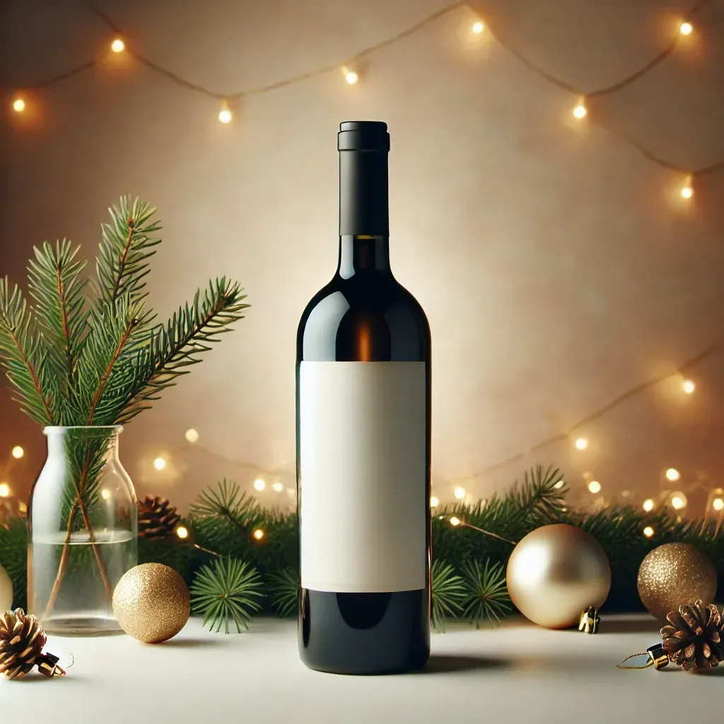 A bottle of wine is sitting on a table with christmas decorations.