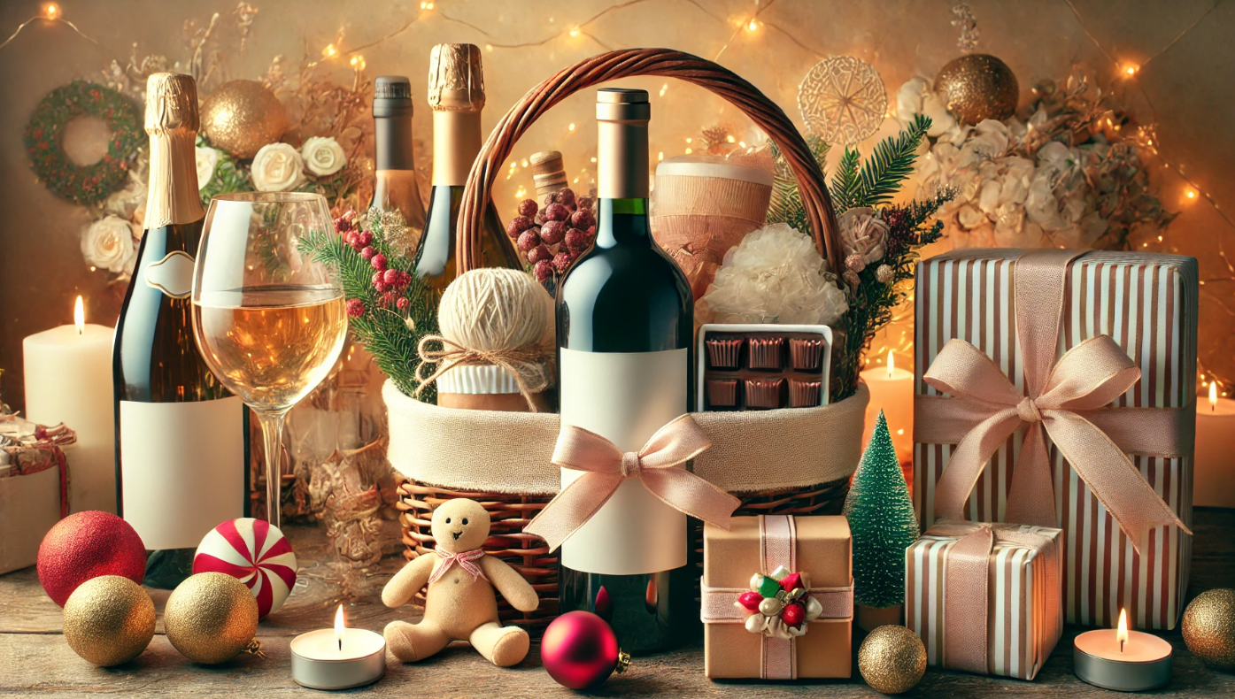 A christmas gift basket filled with wine , gifts , candles and decorations.