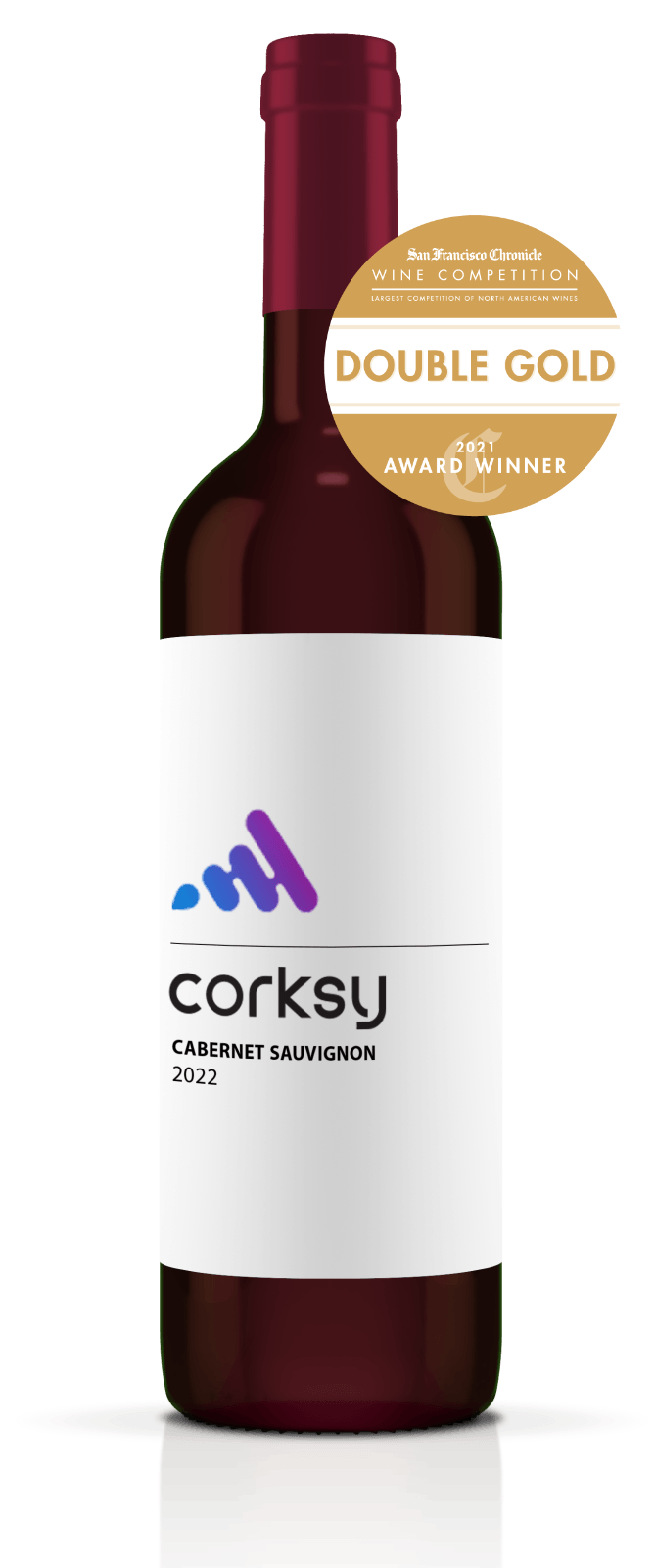 A bottle of wine with a double gold sticker on it.