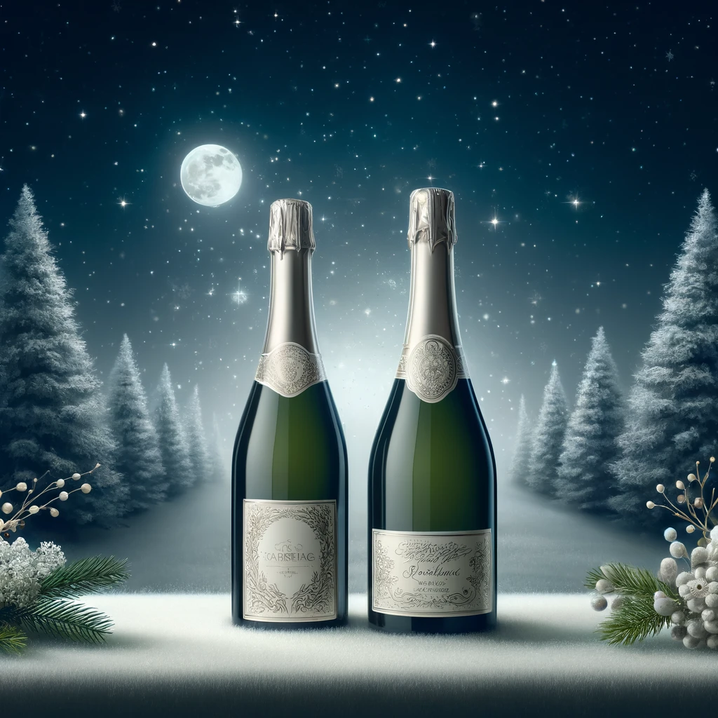 Two bottles of champagne on a table with trees in the background