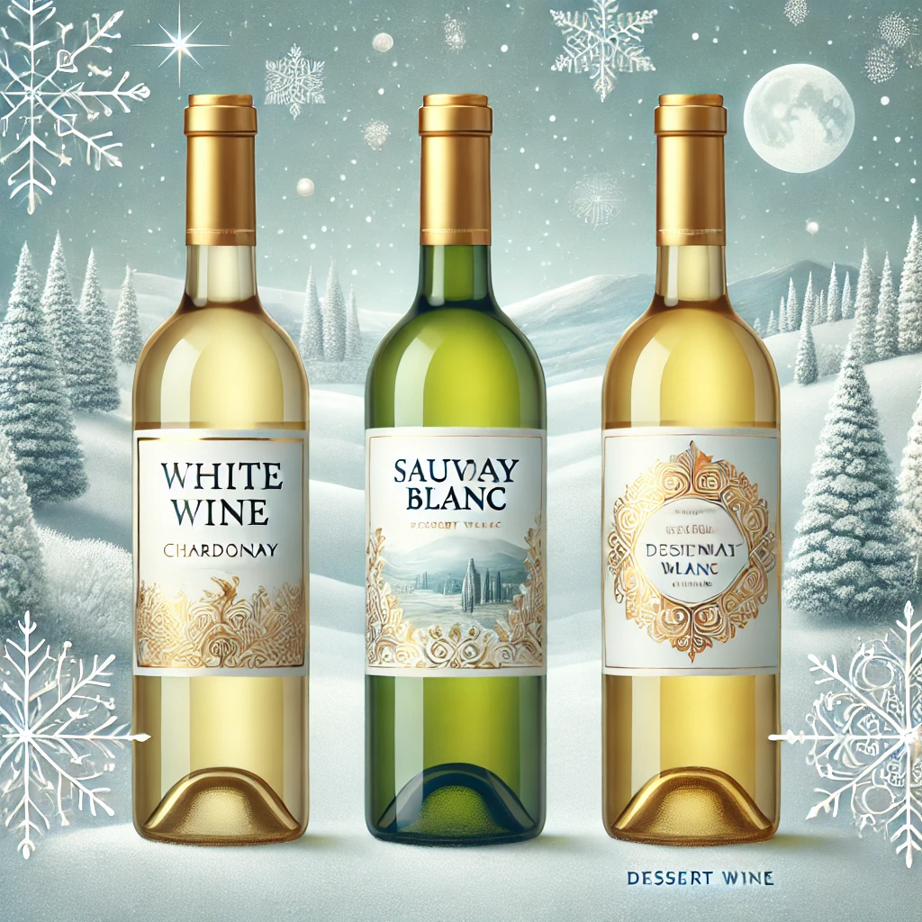Three bottles of white wine on a snowy background