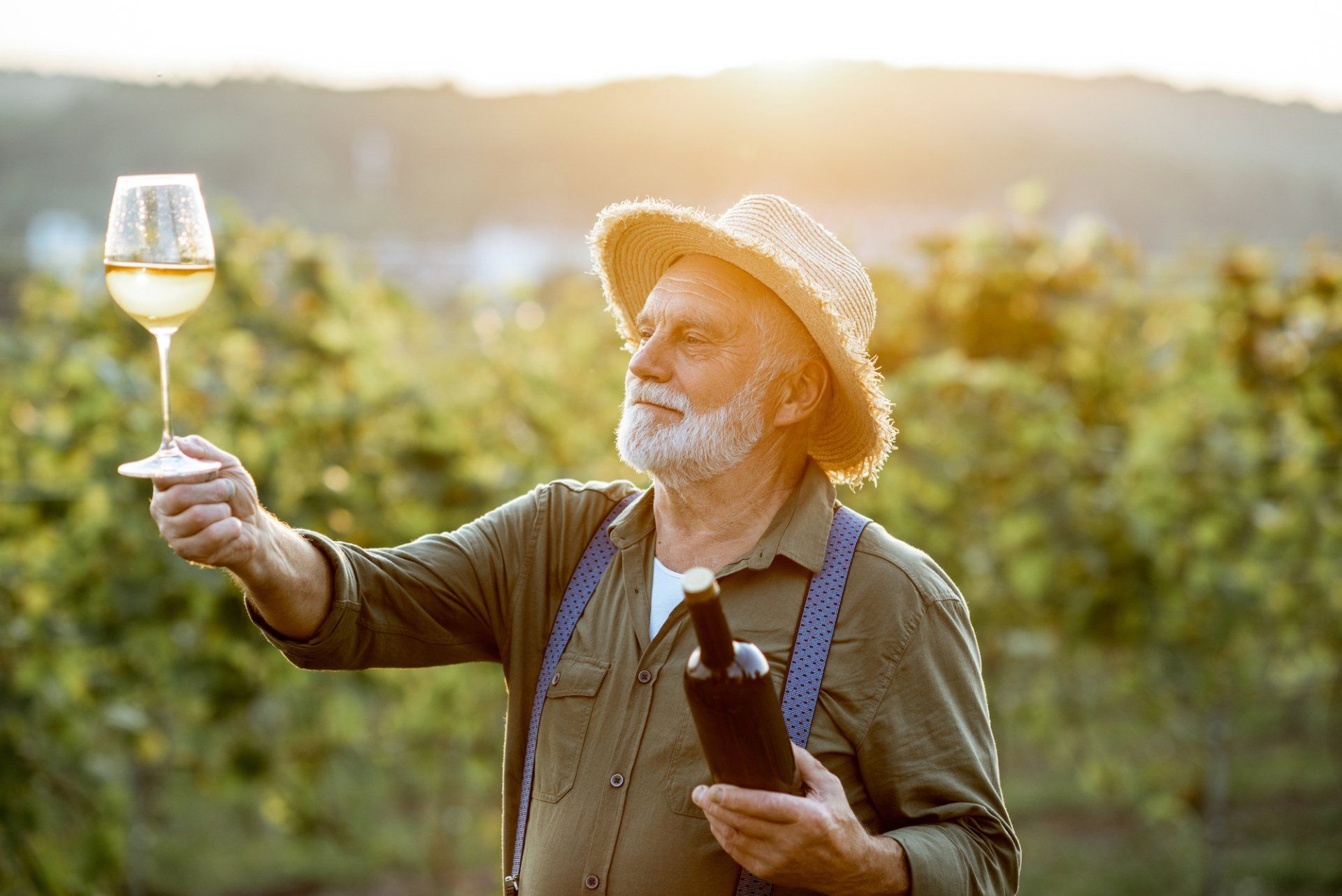 winemaker holding wine in vineyard