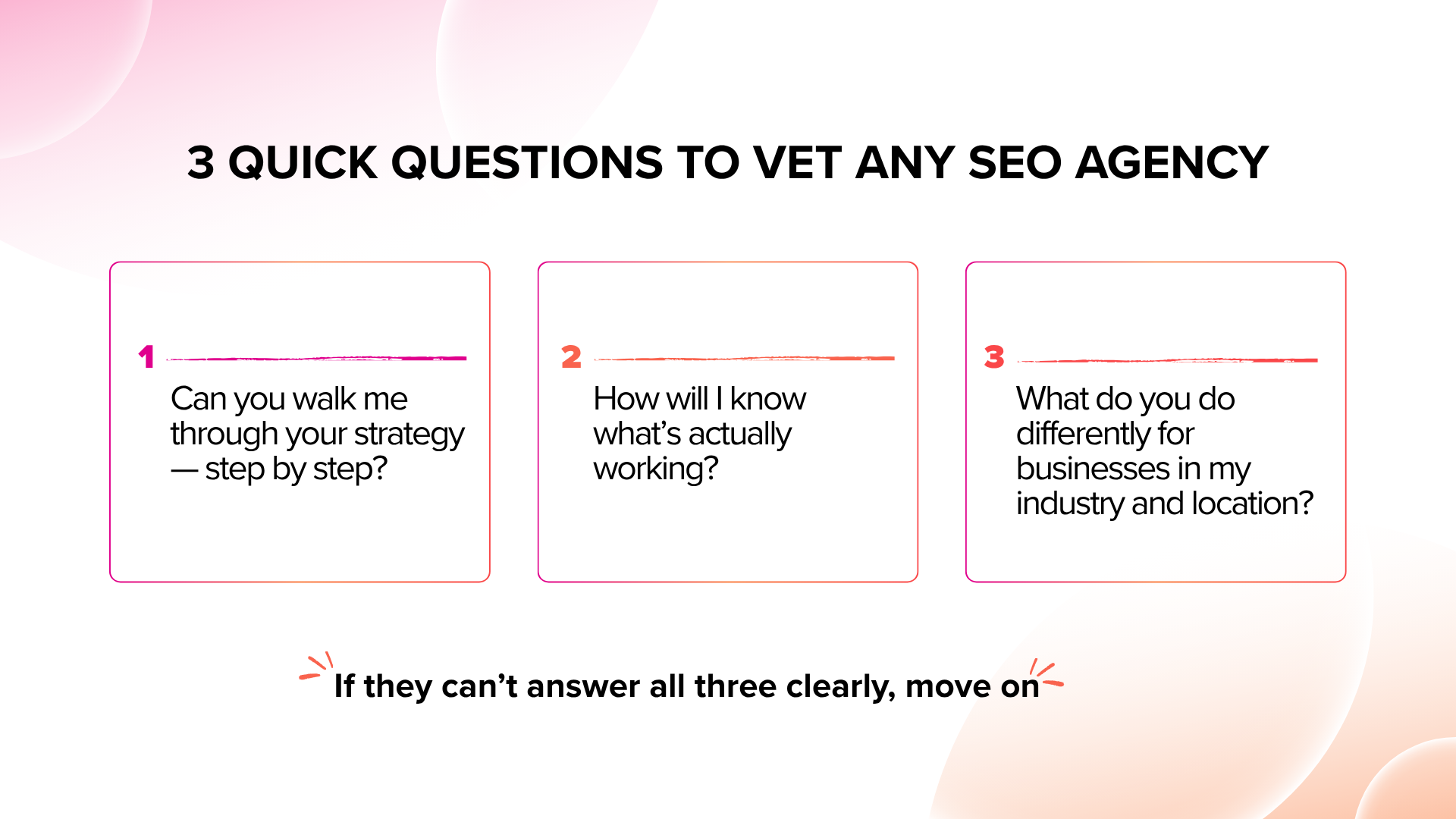 Three quick questions to vet any seo agency if they can 't answer all three clearly , move on.