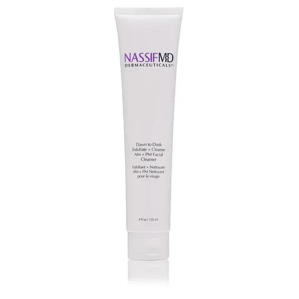 A white tube of nassifmd facial cleanser on a white surface.