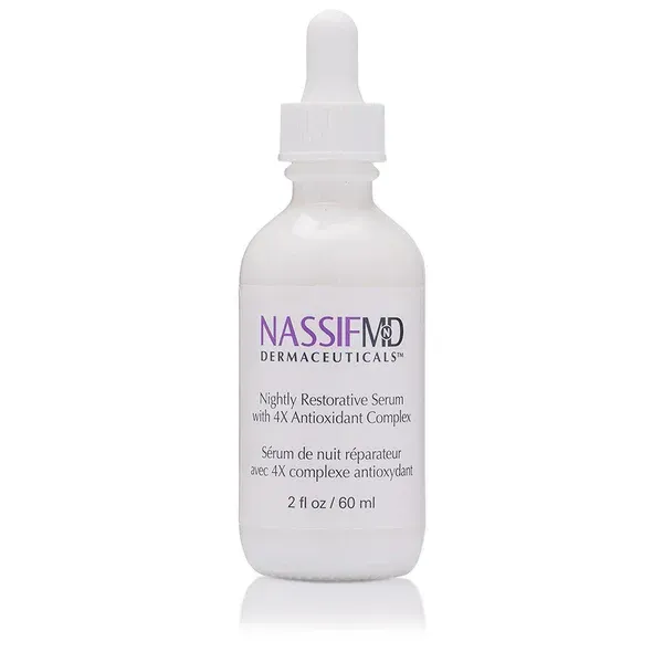 A bottle of nassifmd nightly restorative serum with 45 antioxidant complex