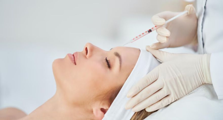 A woman is getting a botox injection in her face.