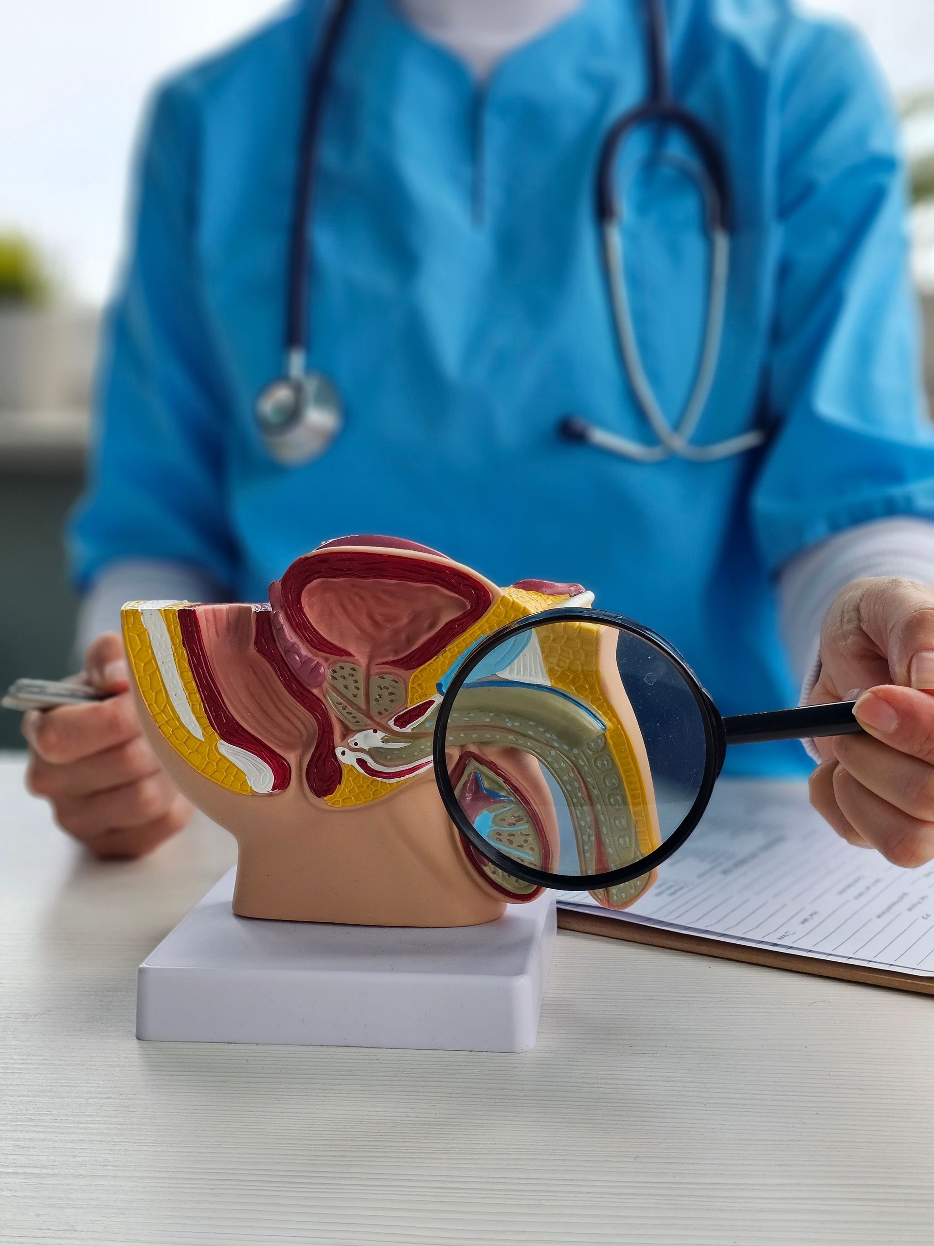 Doctor examining an anatomical model of a female pelvis with a magnifying glass.