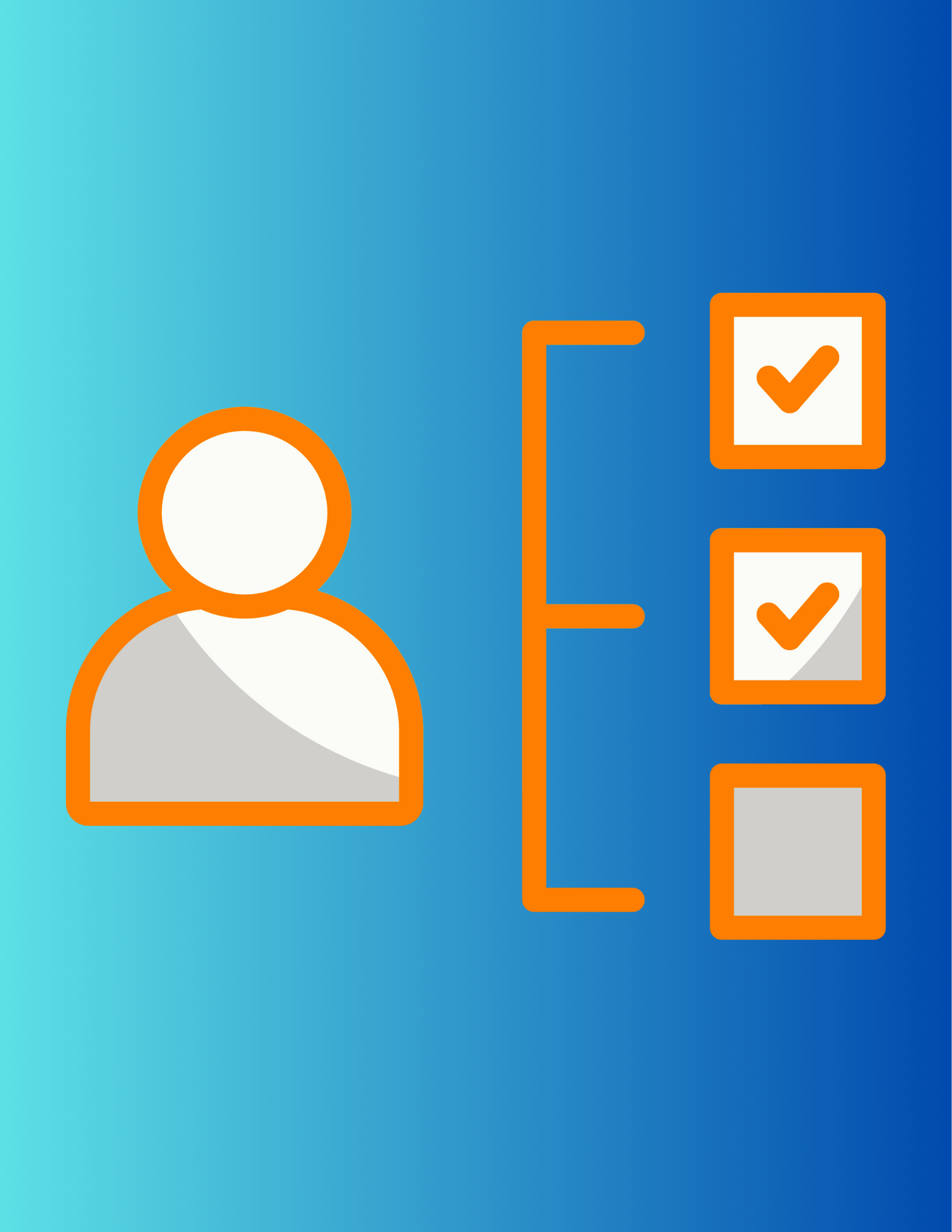 Person icon with checklist, two completed, one incomplete. Blue background, orange details.