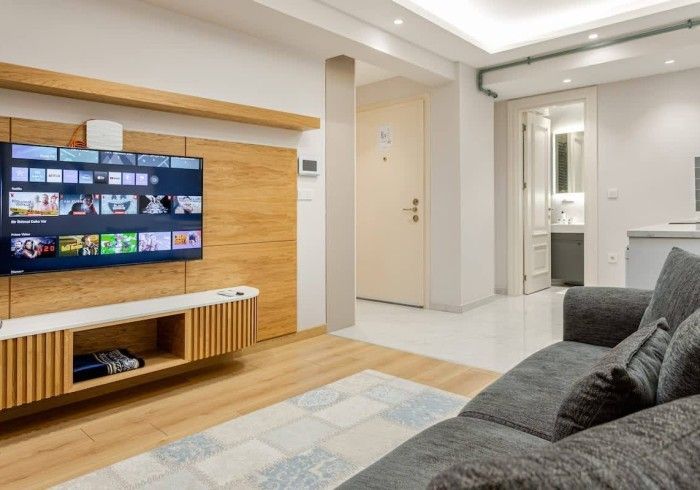 A living room with a couch and a flat screen tv