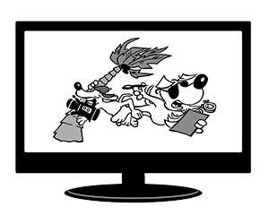 A black and white cartoon of a dog holding a palm tree and a clipboard.