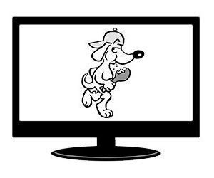 A cartoon dog is standing on its hind legs on a computer screen.
