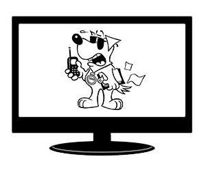 A cartoon dog is holding a cell phone in front of a computer monitor.