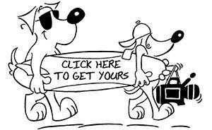 A cartoon dog is holding a sign that says `` click here to get yours ''.
