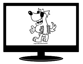 A computer monitor with a cartoon dog on it.